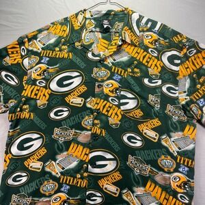 Green Bay Packers Hawaiian Shirt Men XL Button Up Rayon Green All Over Print NFL